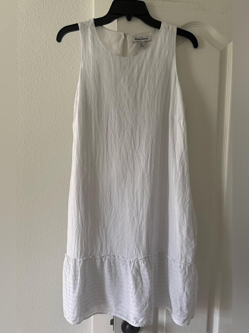 Tommy Bahama Linen Dress S White Metallic Stripe Ruffle Hem Resort